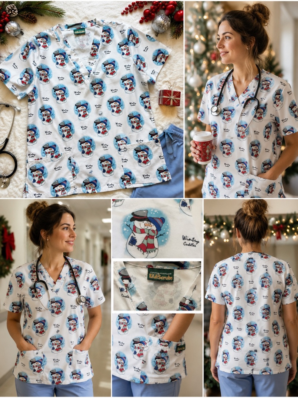 Vintage UA Scrubs Large White Snowman Winter Cuddles Christmas Scrub Top Nurse